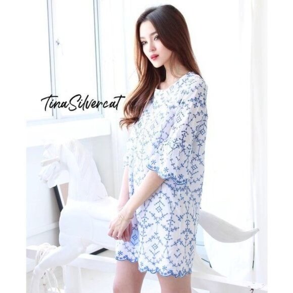 BLOGGER'S FAVE! Zara Boho Embroidered Mini Dress White/Blue Sz S NWT - Picture 5 of 10